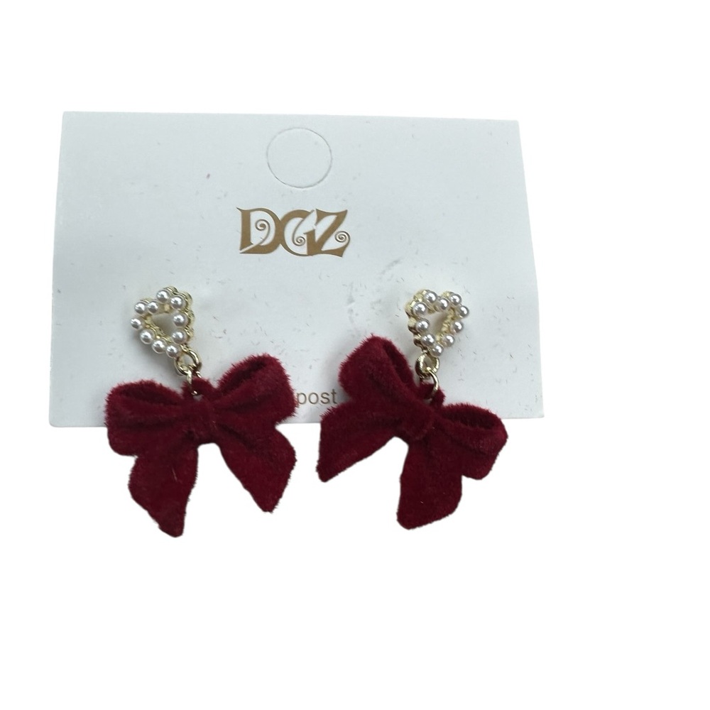 Velvety Red Bow and Mini Pearl Heart Drop Earrings
